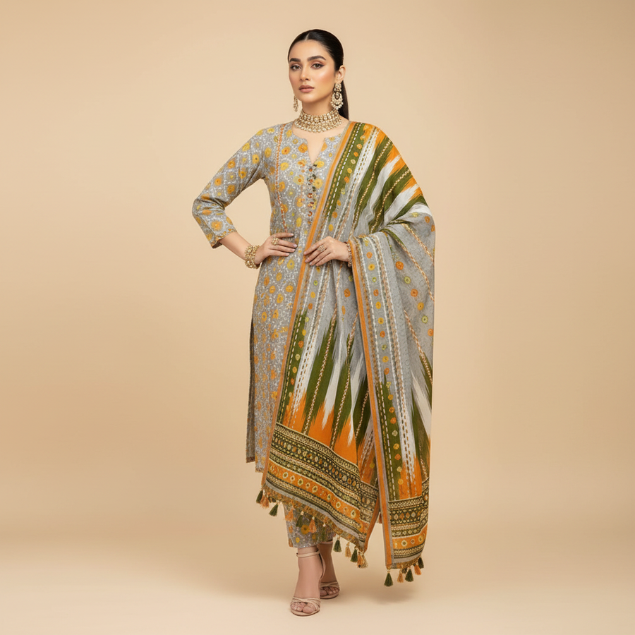 Grey bandhani suit - hand on hip pose