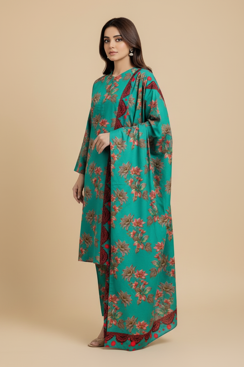 Gul Roshni turquoise floral three-piece suit on beige background