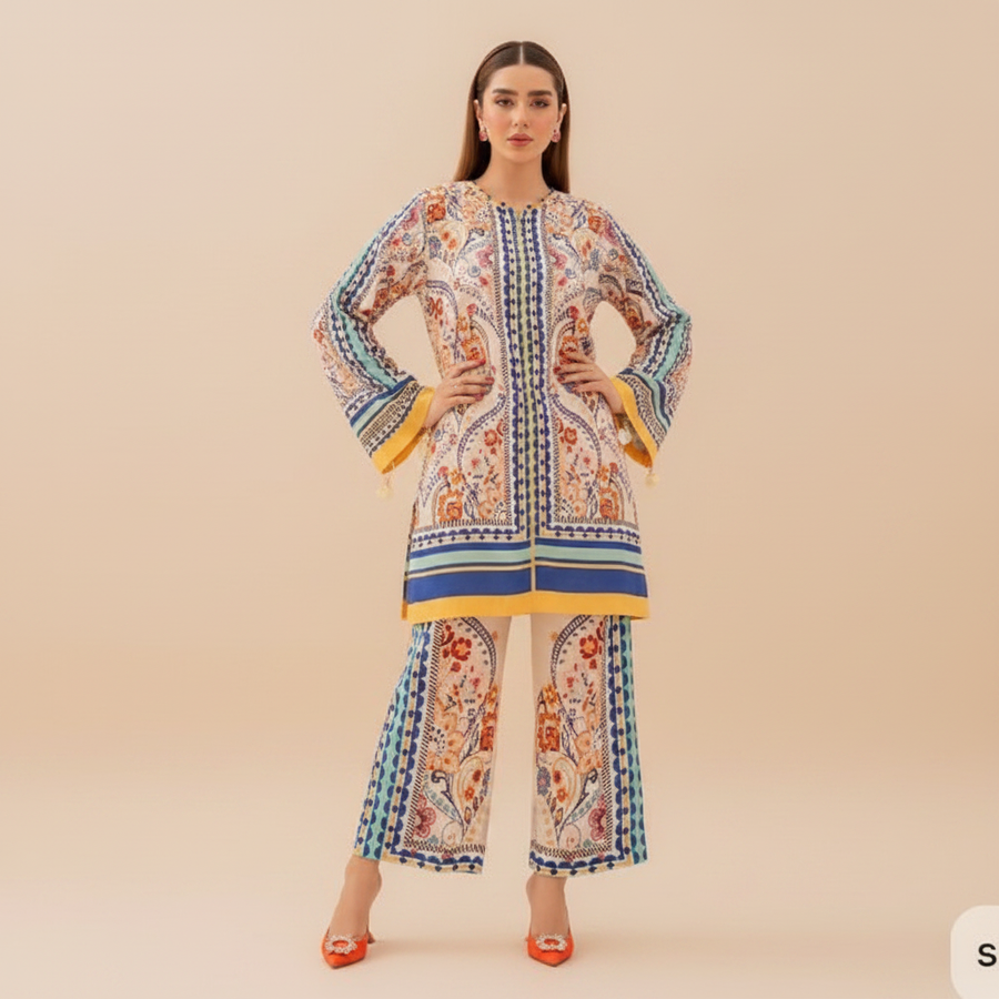 Bohemian print suit - hand on hip pose