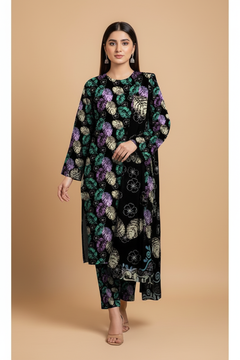 Model wearing black leaf print 3-piece suit, front pose