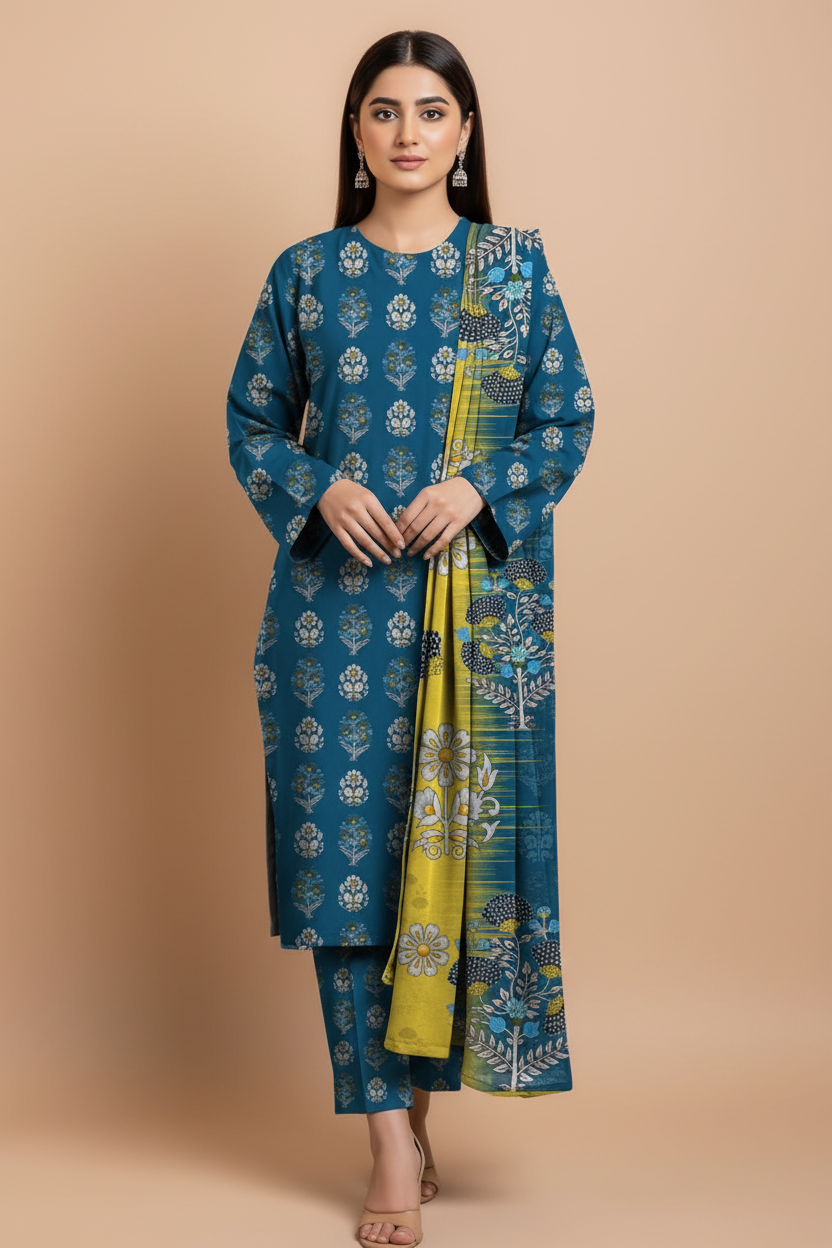 Model wearing teal booti print 3-piece suit, front pose