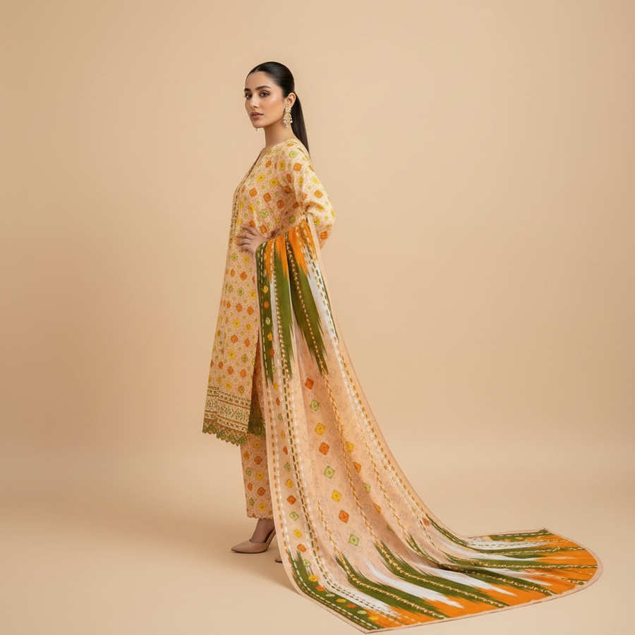 Peach bandhani suit - hand on hip pose