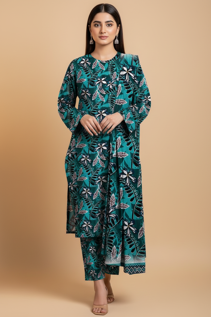 Neel Pari teal floral Pakistani outfit front pose