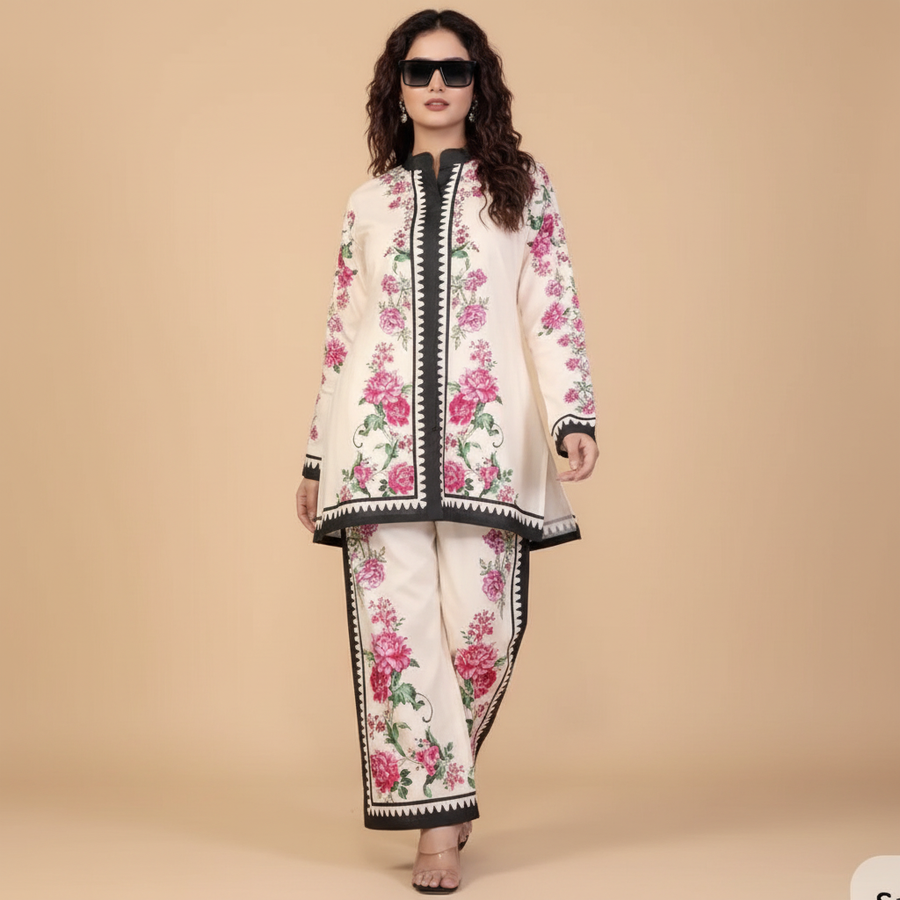 Cream floral co-ord - walking pose