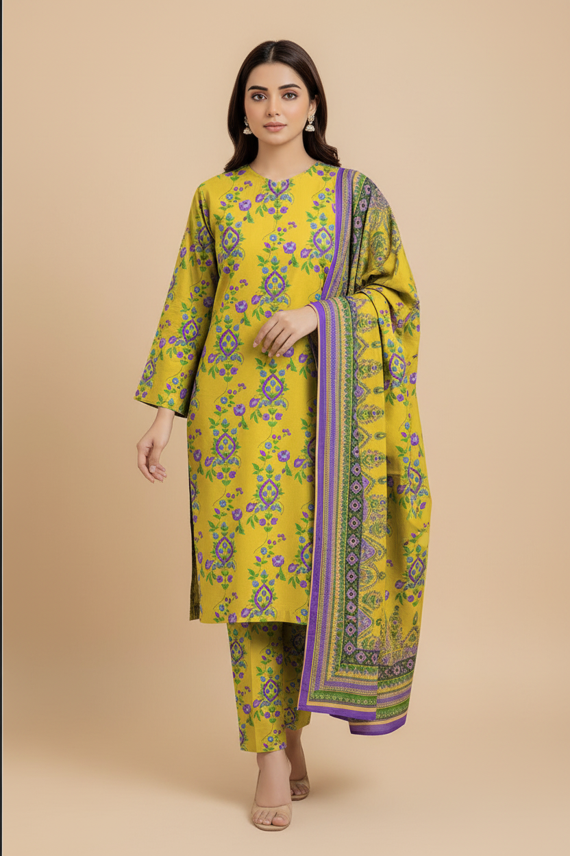 Model wearing yellow floral 3-piece suit, front pose