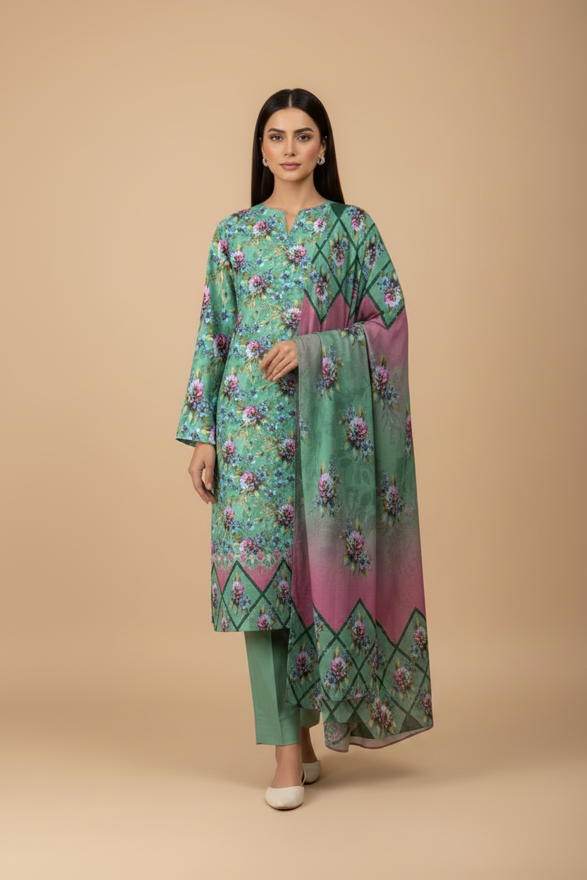 Mint green floral 3-piece Pakistani suit in a three-quarter pose