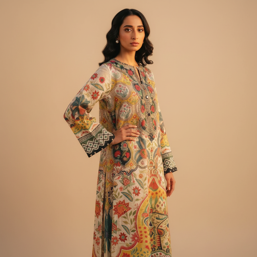 Floral suit - hand on hip pose