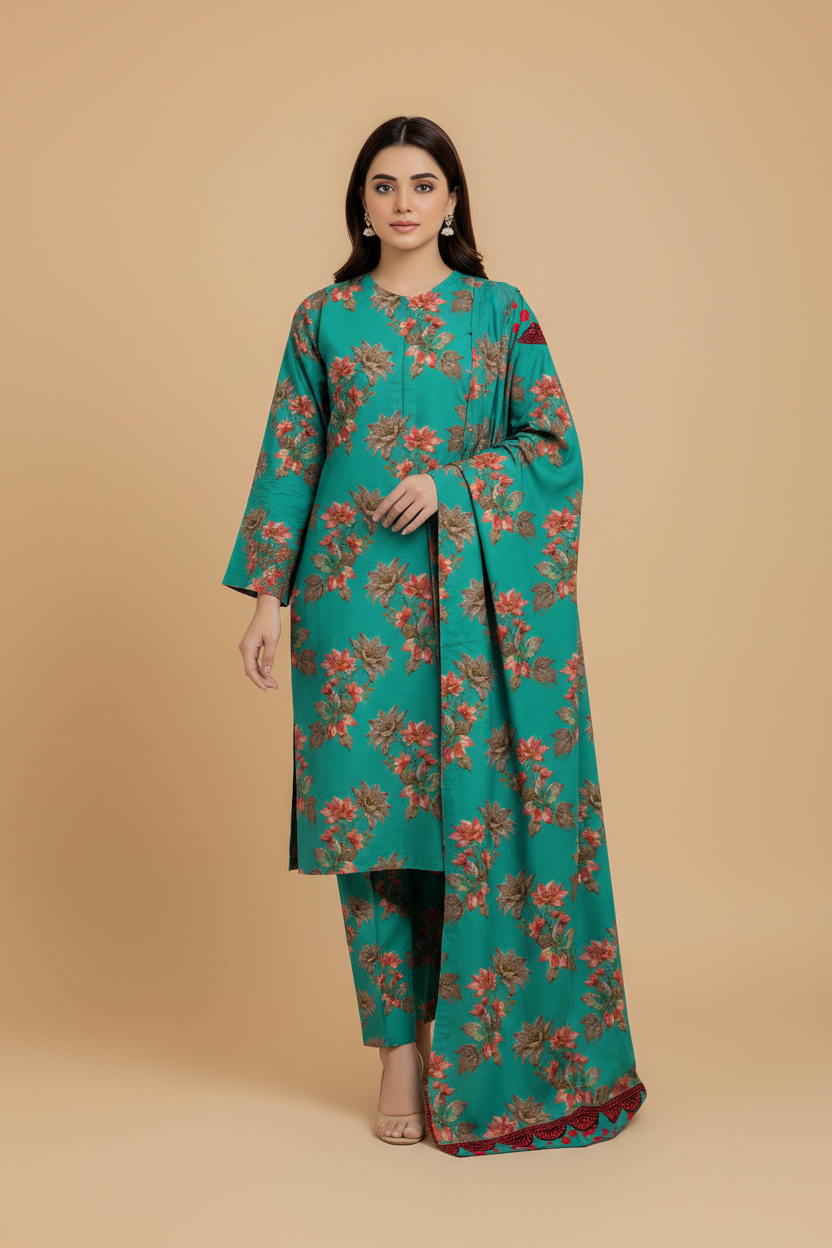 Model wearing sea-green floral 3-piece suit, front pose
