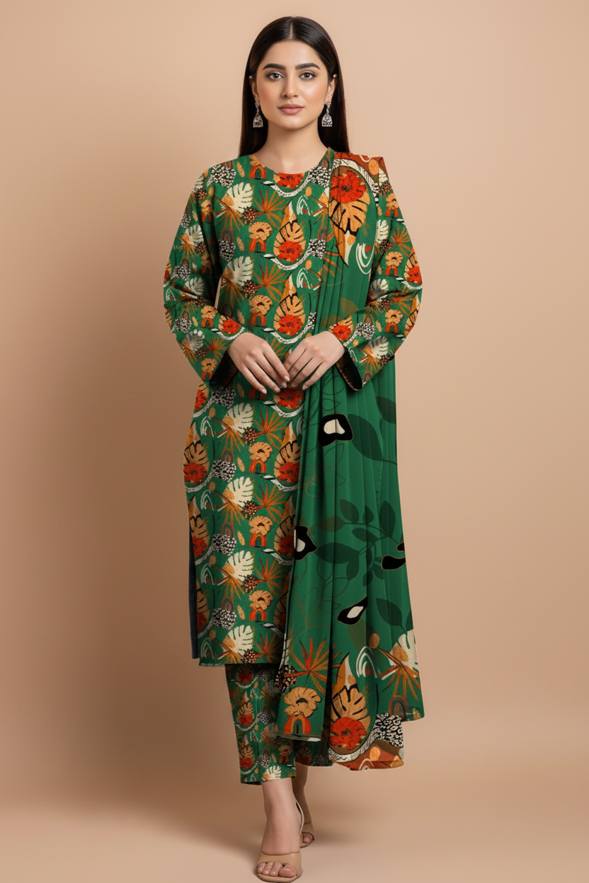 Model wearing green tropical print 3-piece suit, front pose