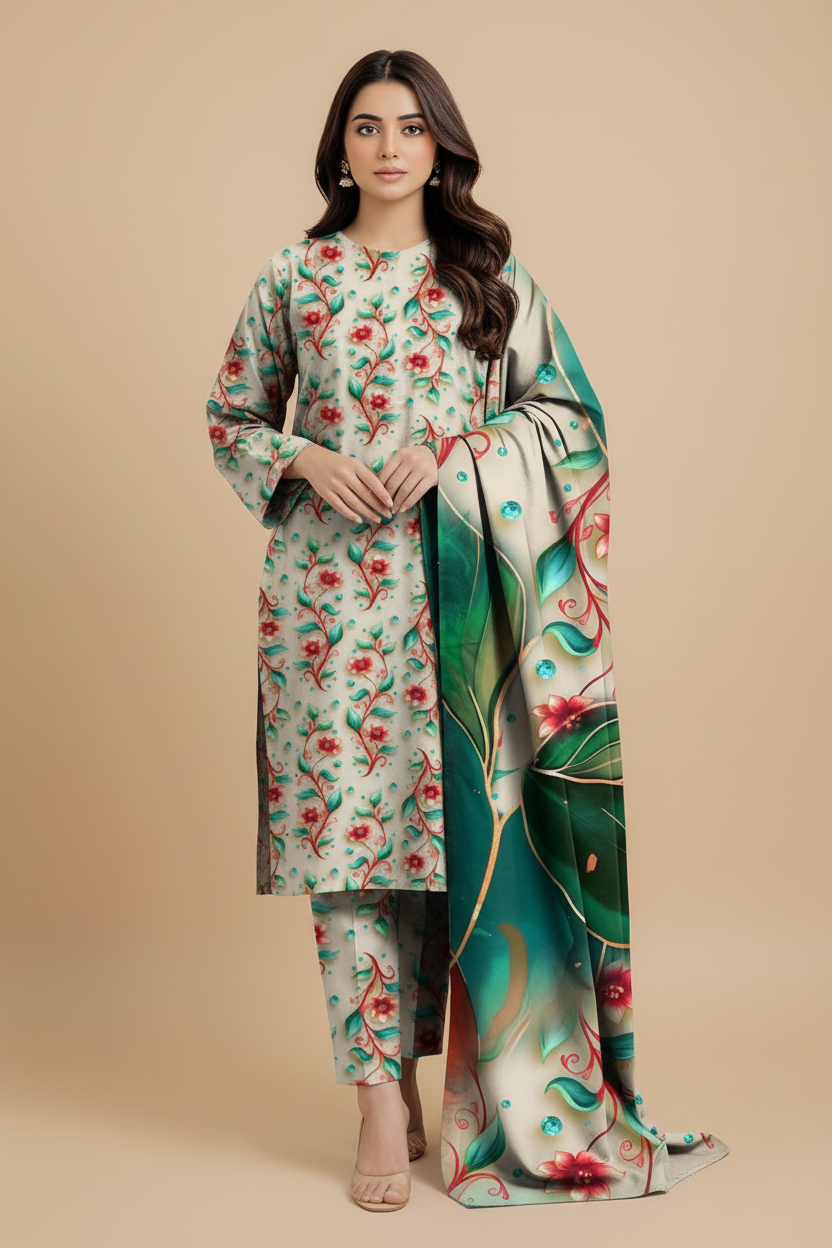 Hara Gul emerald floral Pakistani 3-piece suit front view on model