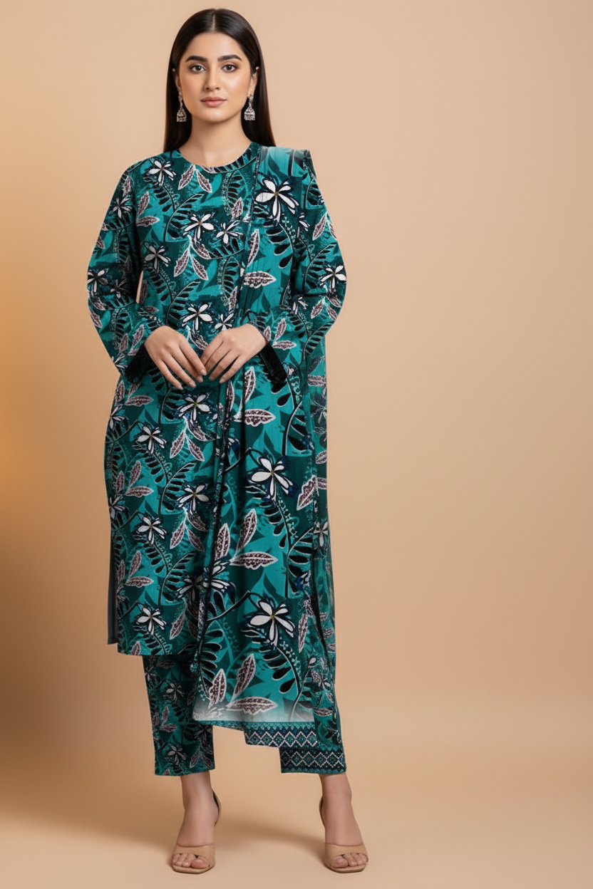 Model wearing teal leaf print 3-piece suit, front pose