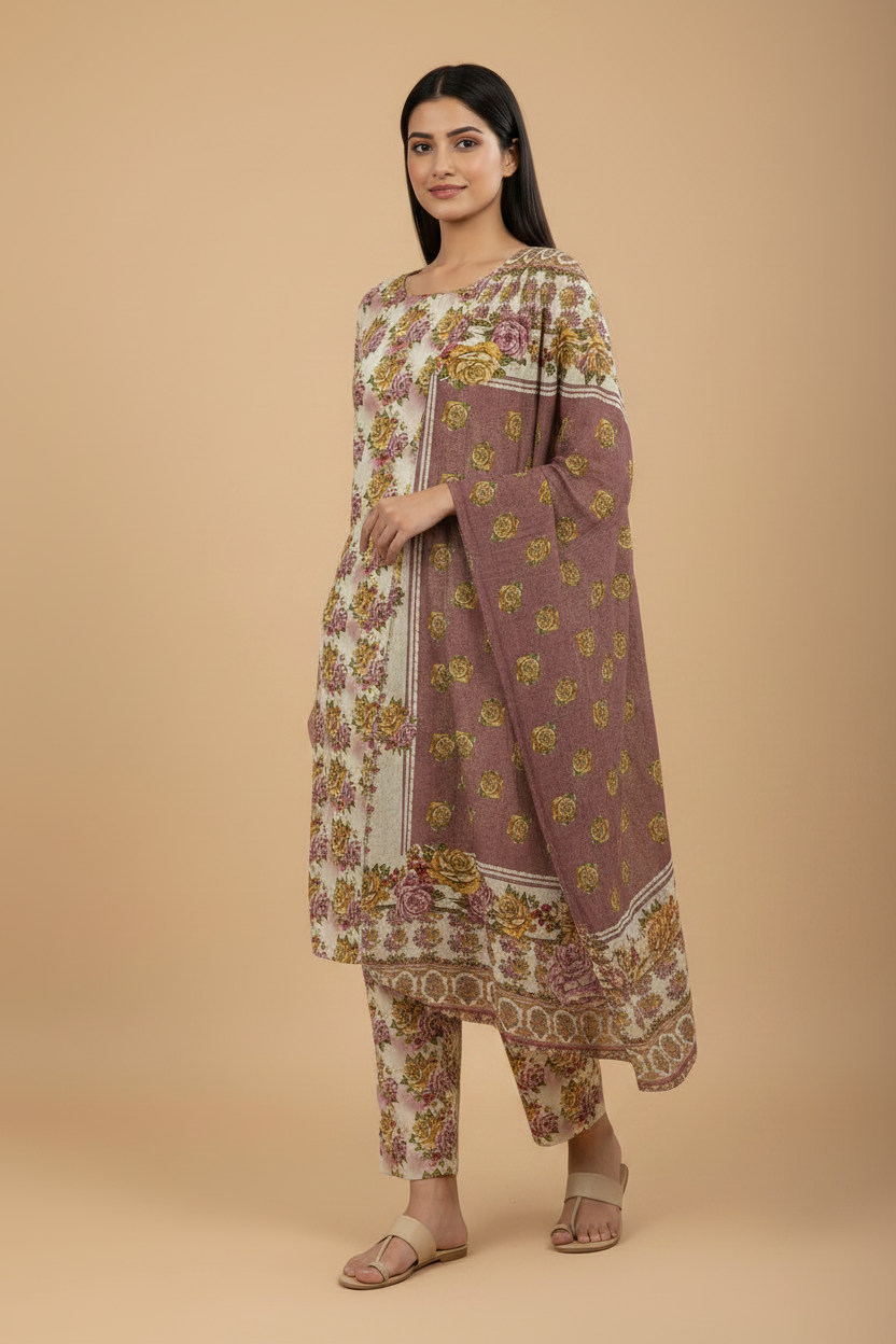 Ivory mauve floral 3-piece Pakistani suit in a three-quarter pose