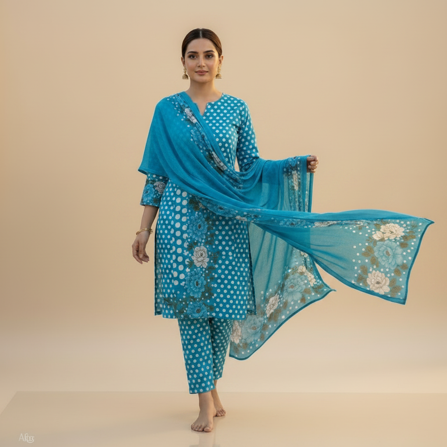 Teal polka dot suit - walking pose