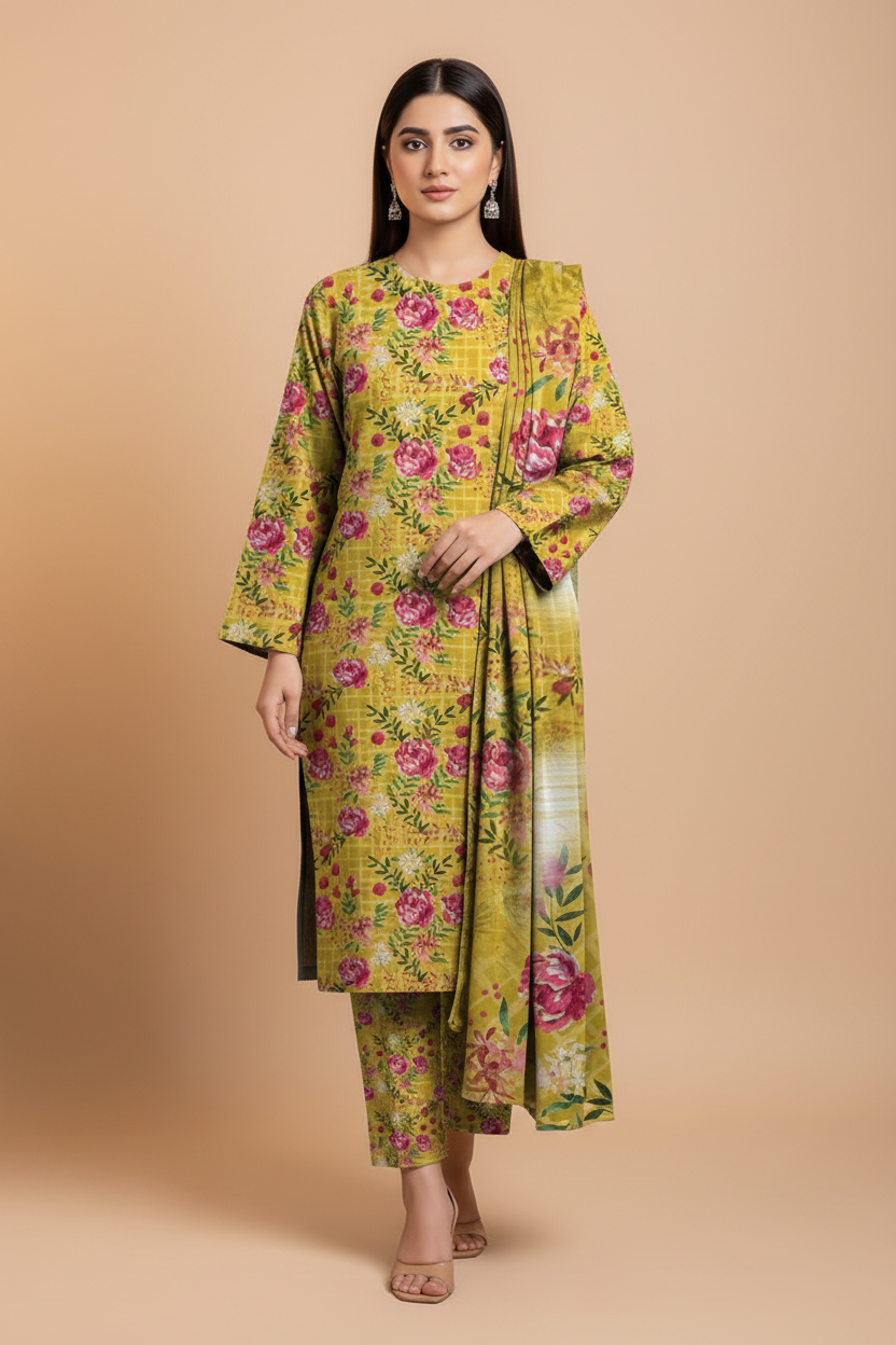 Model wearing mehndi green rose print 3-piece suit, front pose