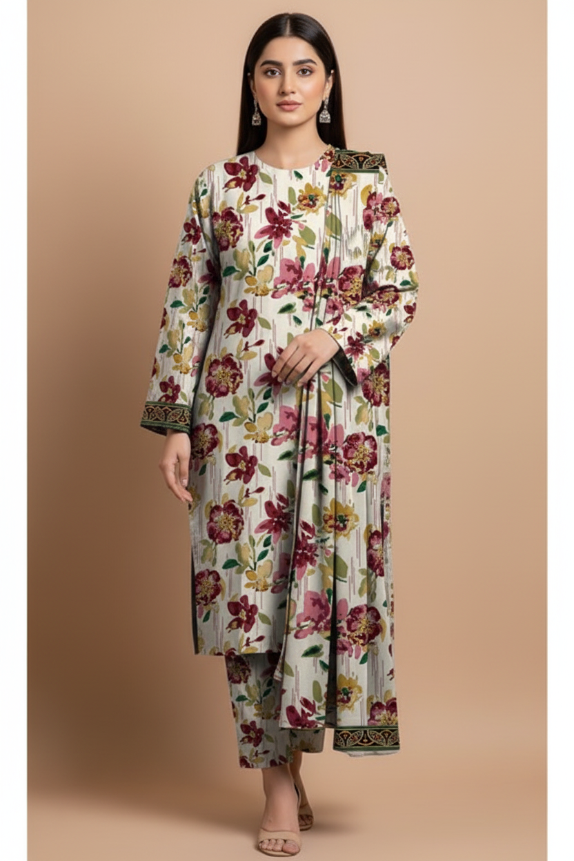 Model wearing ivory maroon floral 3-piece suit, front pose