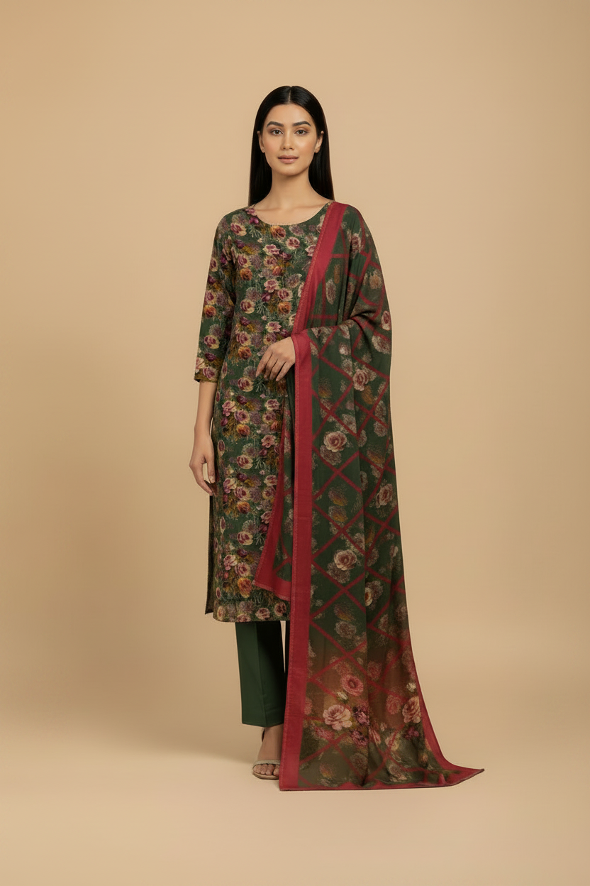 Deep green floral 3-piece Pakistani suit in a three-quarter pose