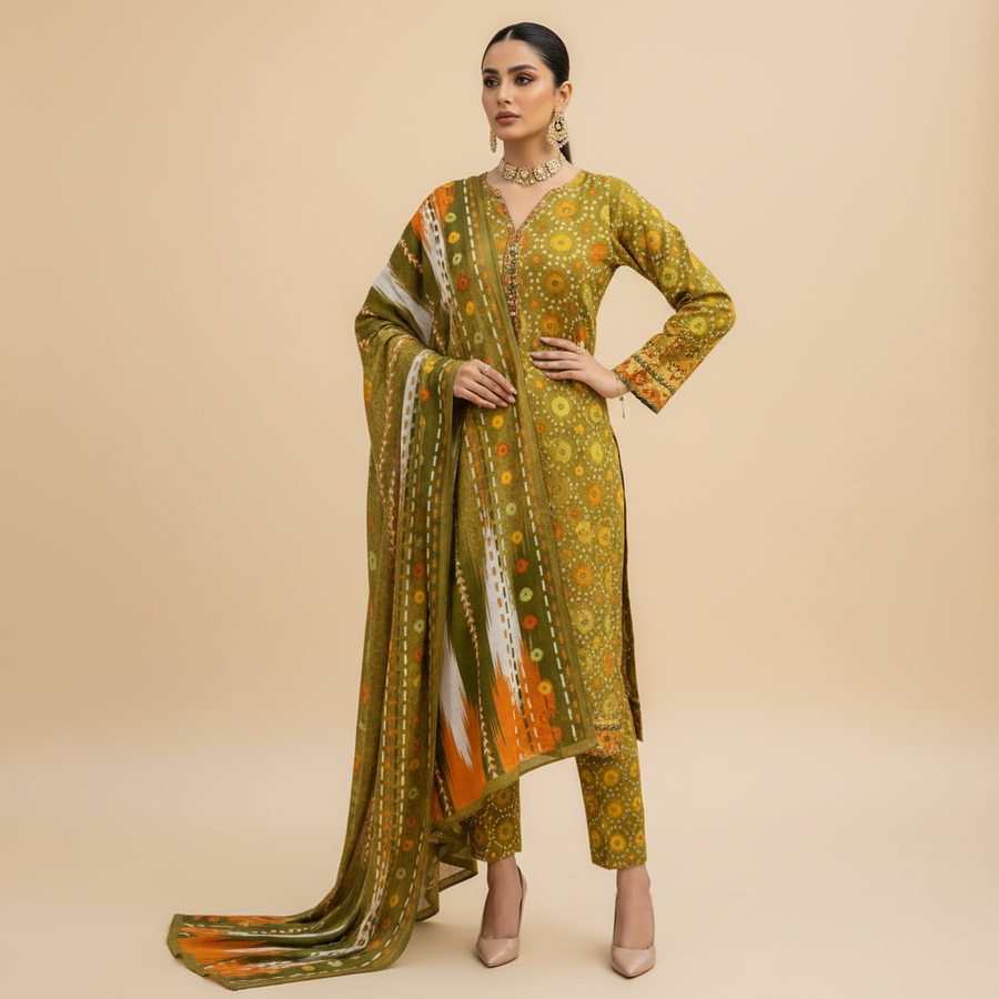 Olive green bandhani suit - hand on hip pose