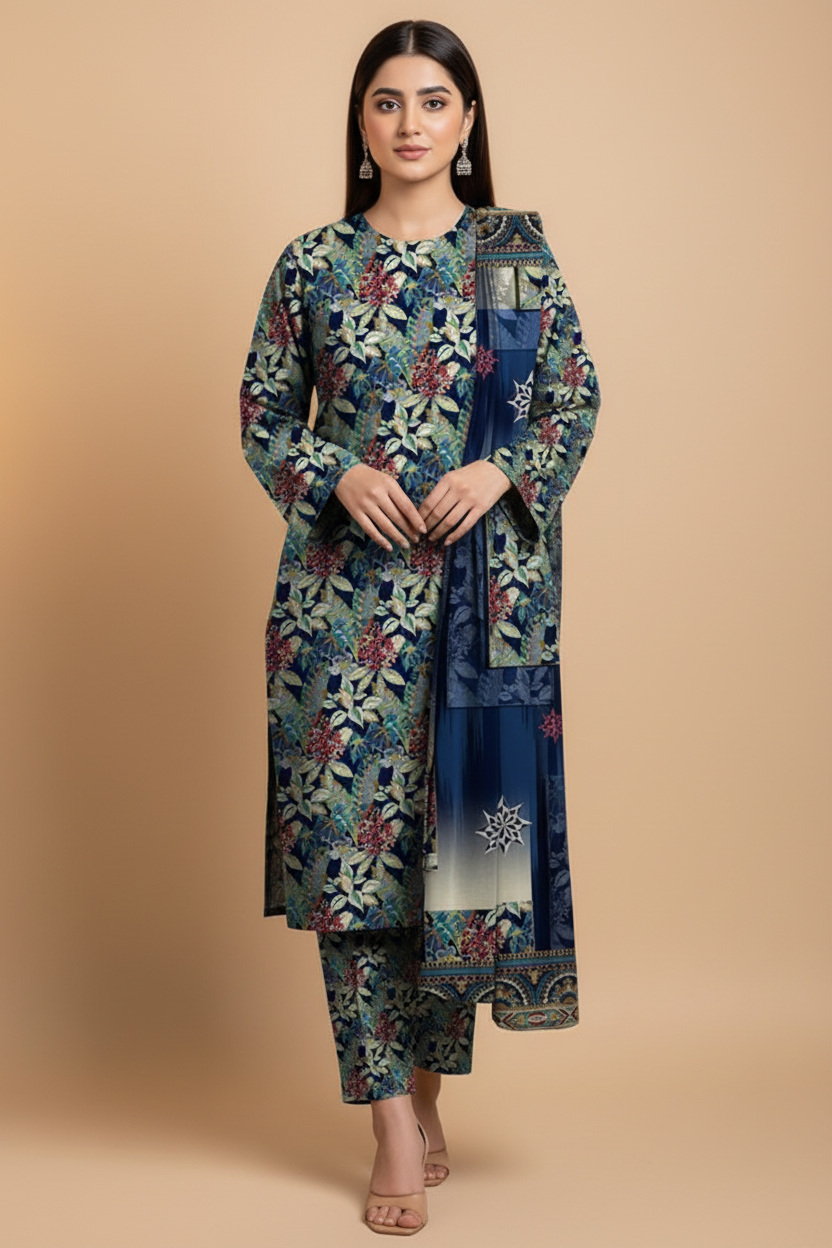Model wearing navy leaf print 3-piece suit, front pose