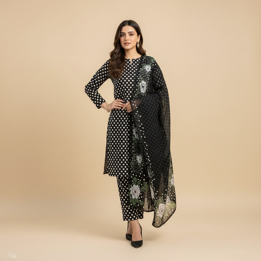 Black polka dot suit - hand on hip pose