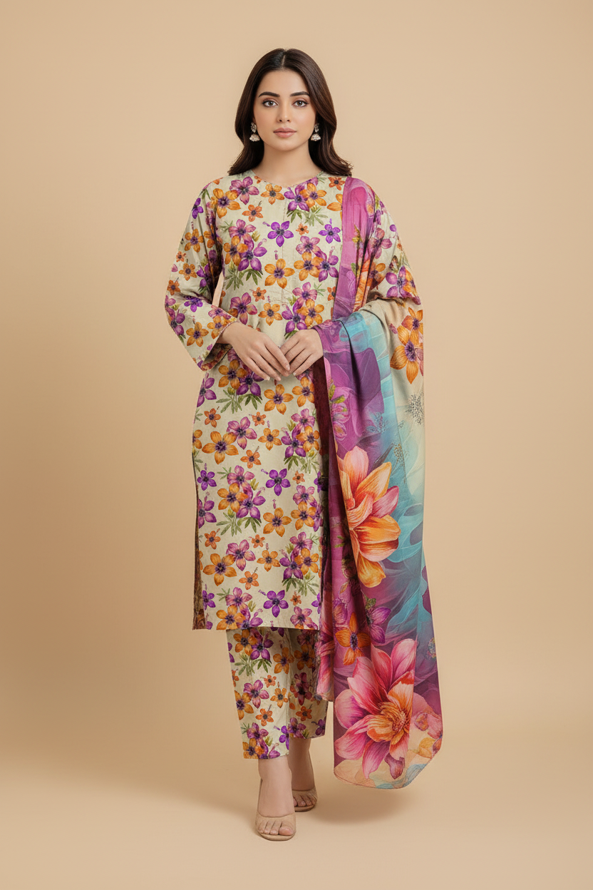 Gul Rang floral Pakistani 3-piece suit front view on model