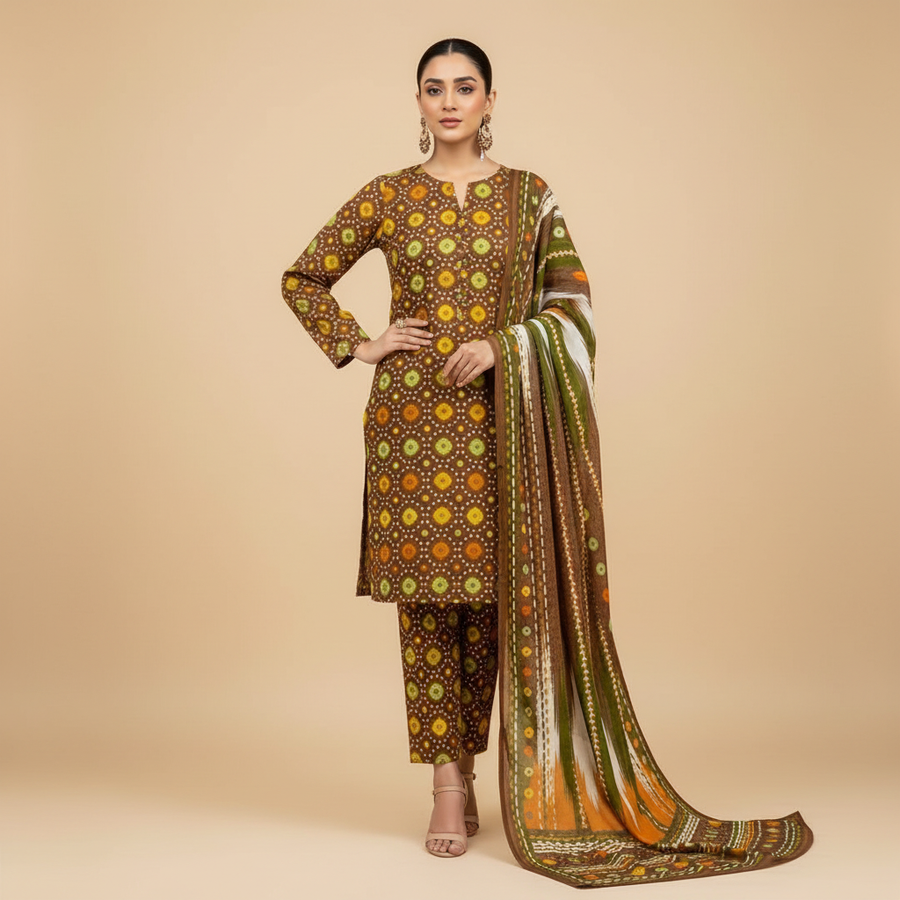Brown bandhani suit - hand on hip pose