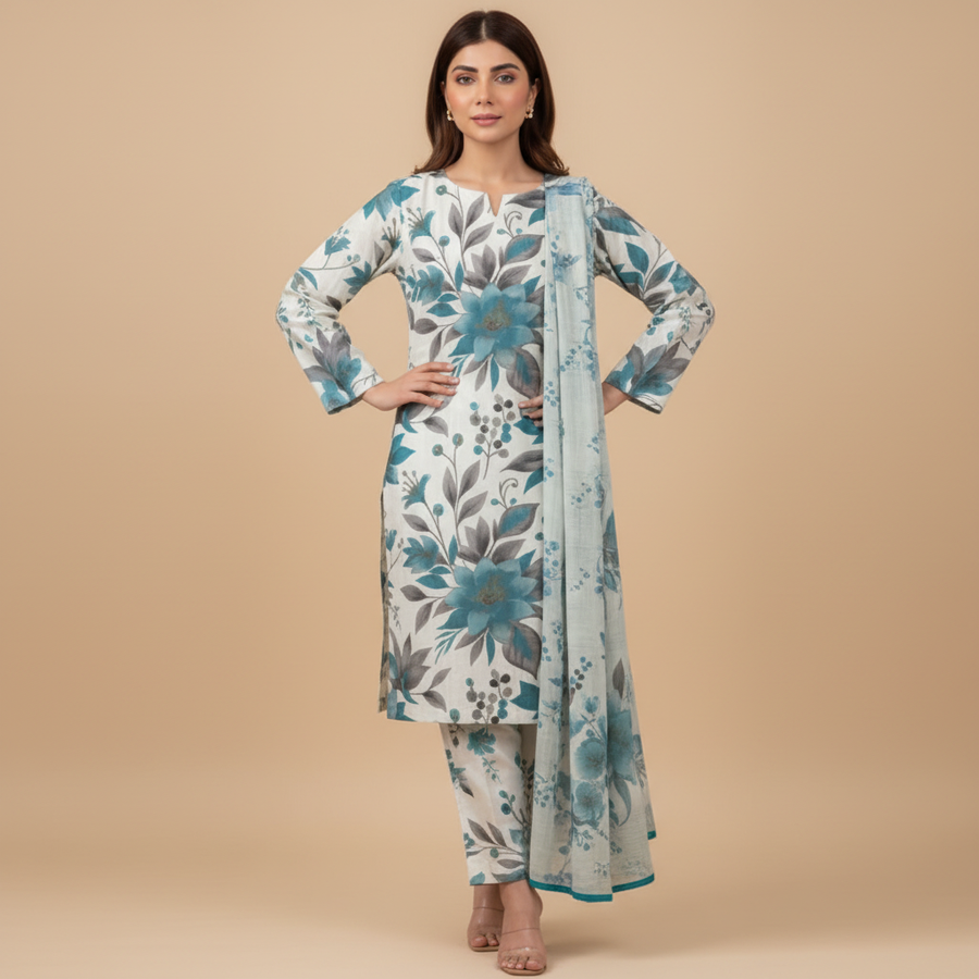 Teal floral suit - hand on hip pose