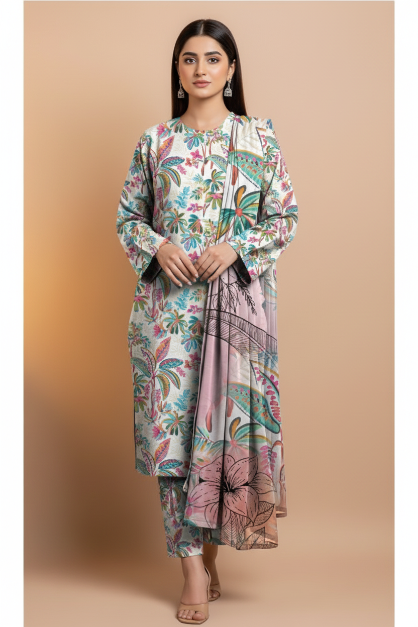 Model wearing cream pastel print 3-piece suit, front pose