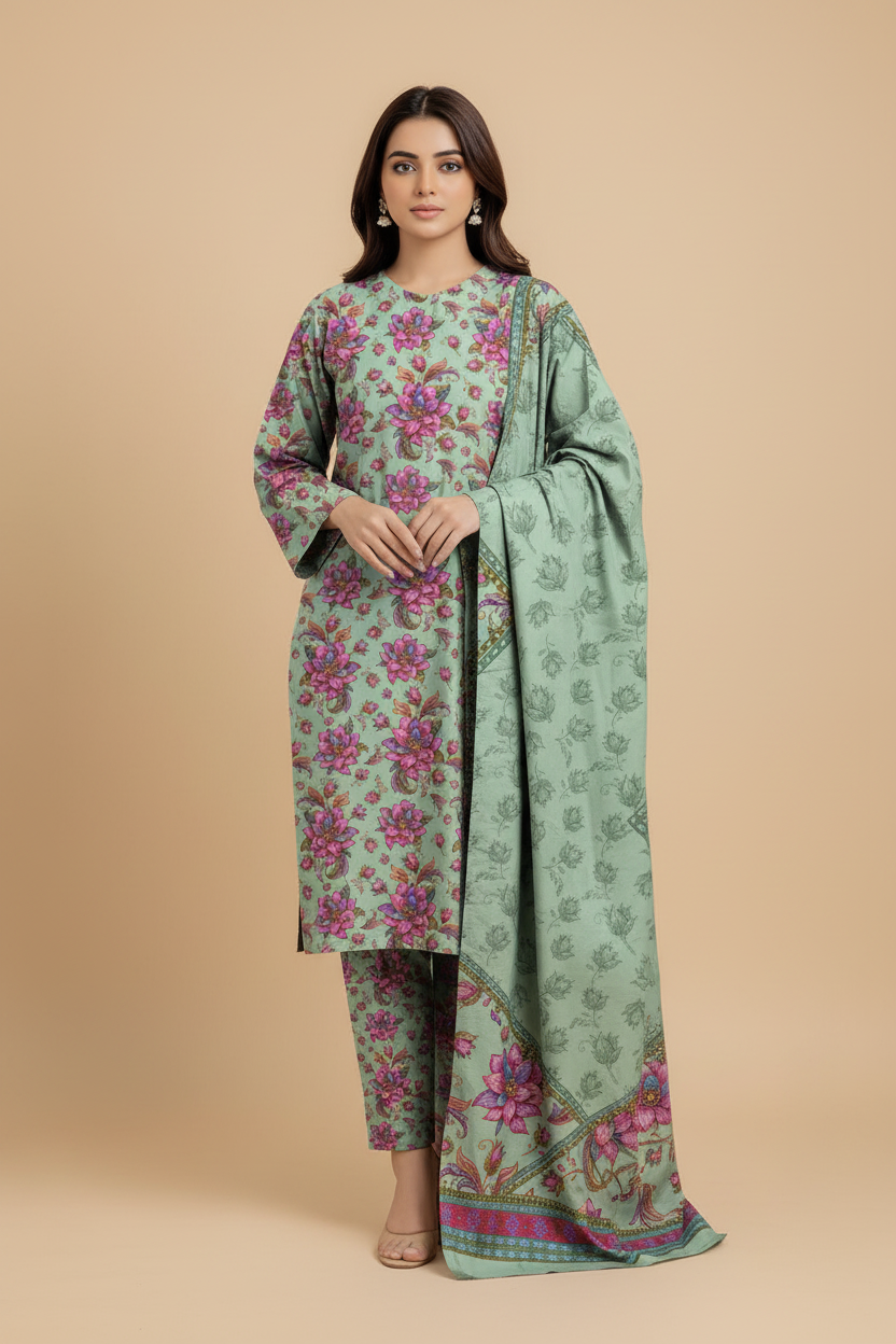 Saba Gul sage mint floral Pakistani 3-piece suit front view on model