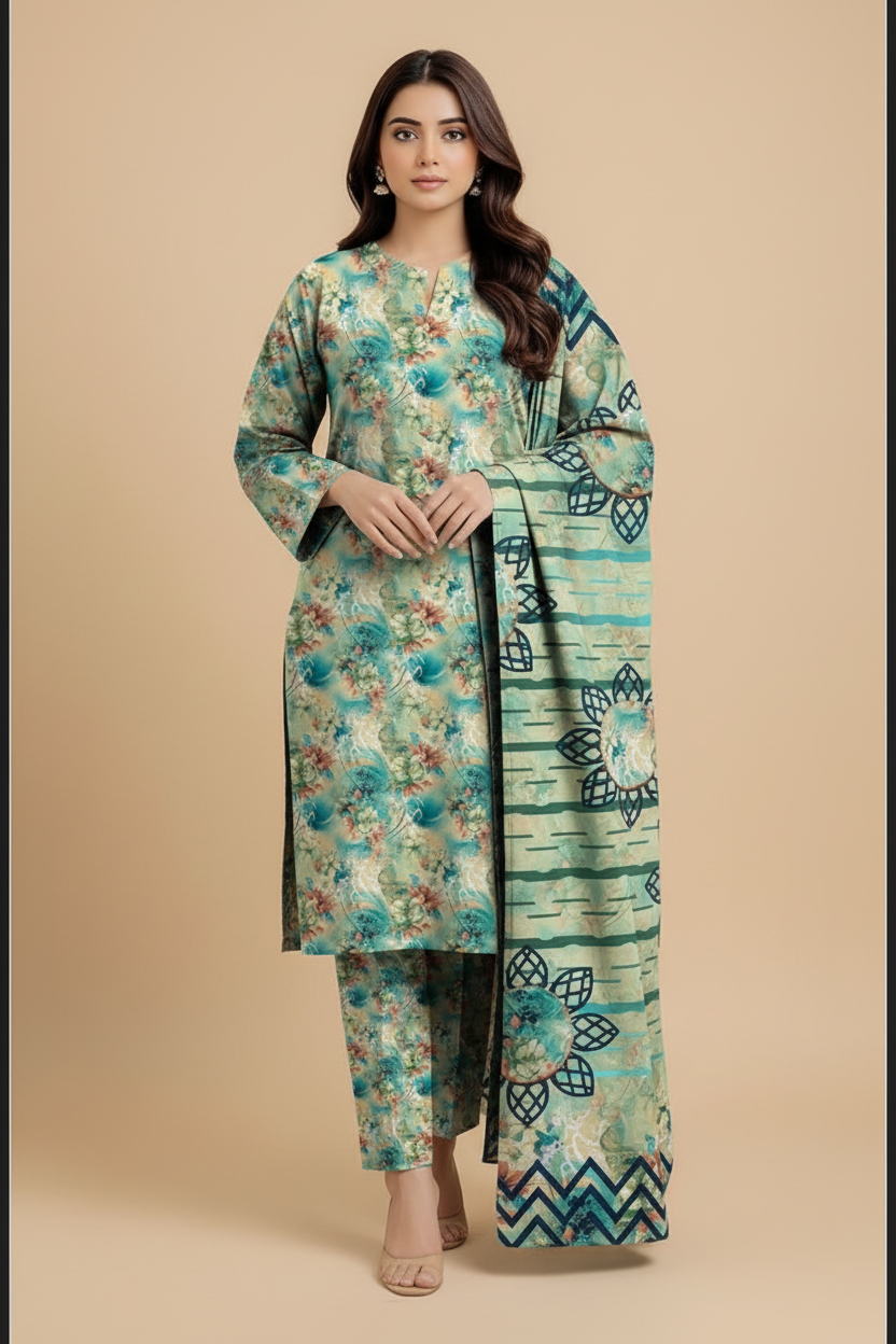 Rang Leher mint and teal floral Pakistani 3-piece suit front view on model