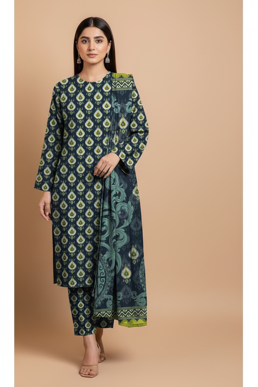 Model wearing navy ikat print 3-piece suit, front pose