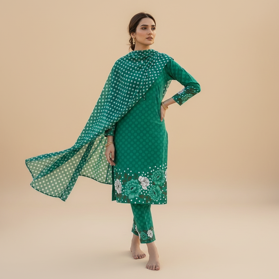 Teal green suit - hand on hip pose