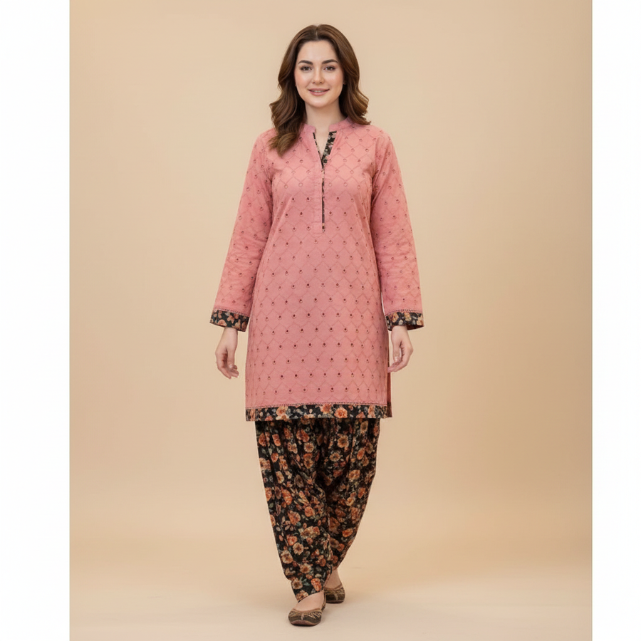 Pink embroidery suit - walking pose