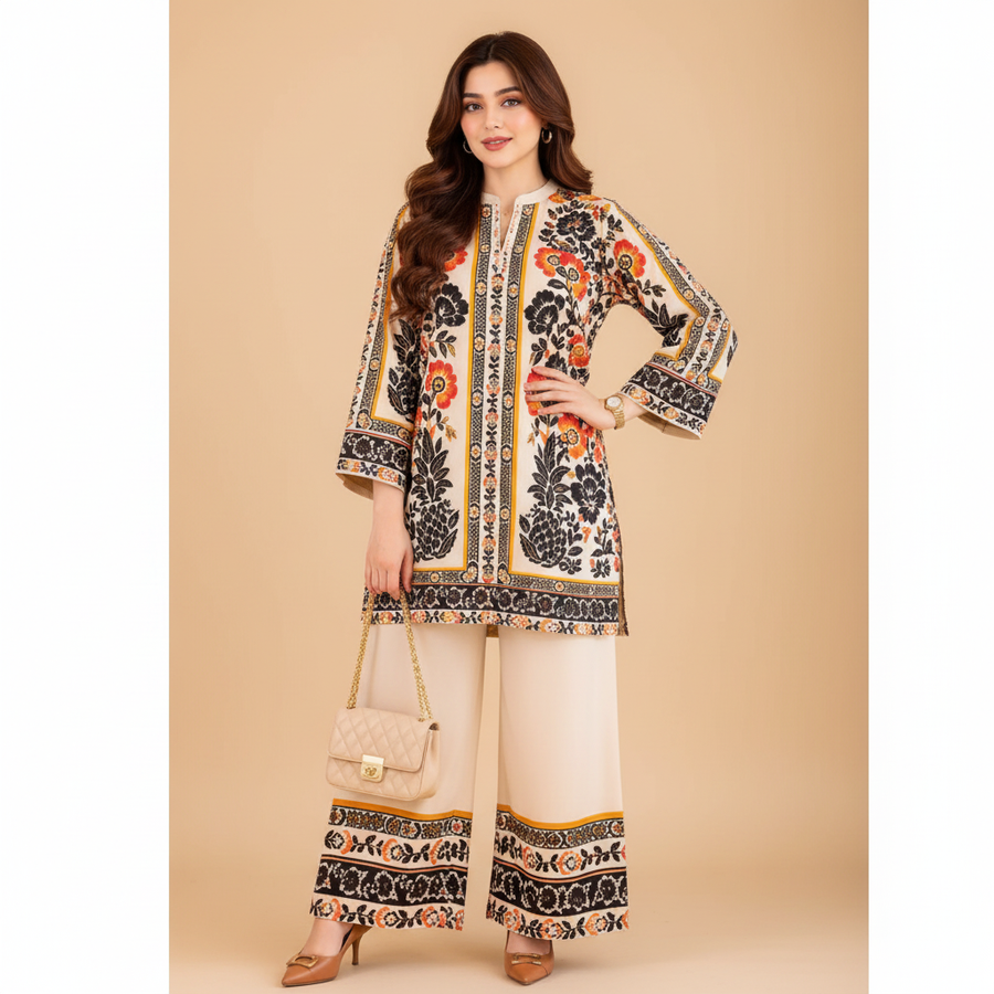 Cream black floral suit - hand on hip pose