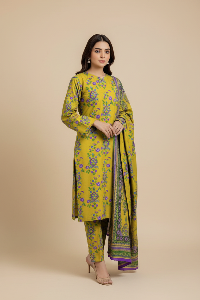 Zard Gul yellow floral three-piece suit on beige background