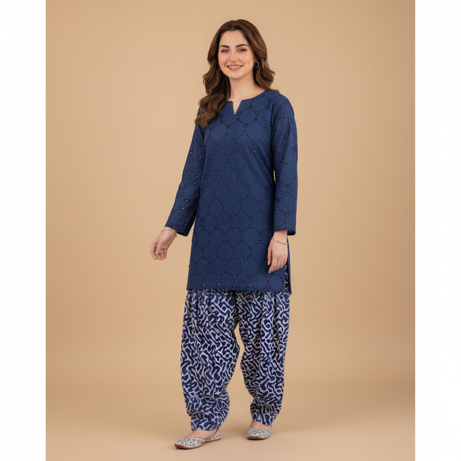 Navy embroidered suit - side angle pose