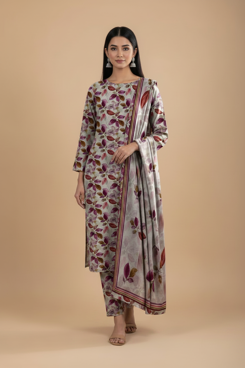 Light grey leaf-print 3-piece Pakistani suit in a three-quarter pose