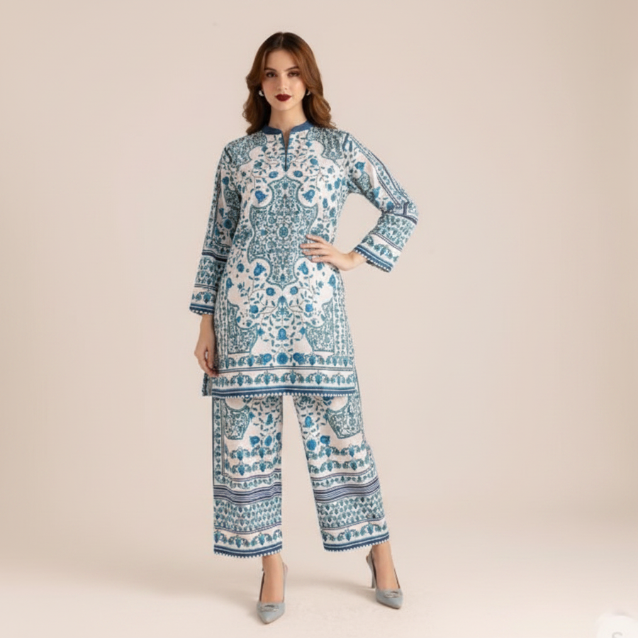 Teal block print suit - hand on hip pose