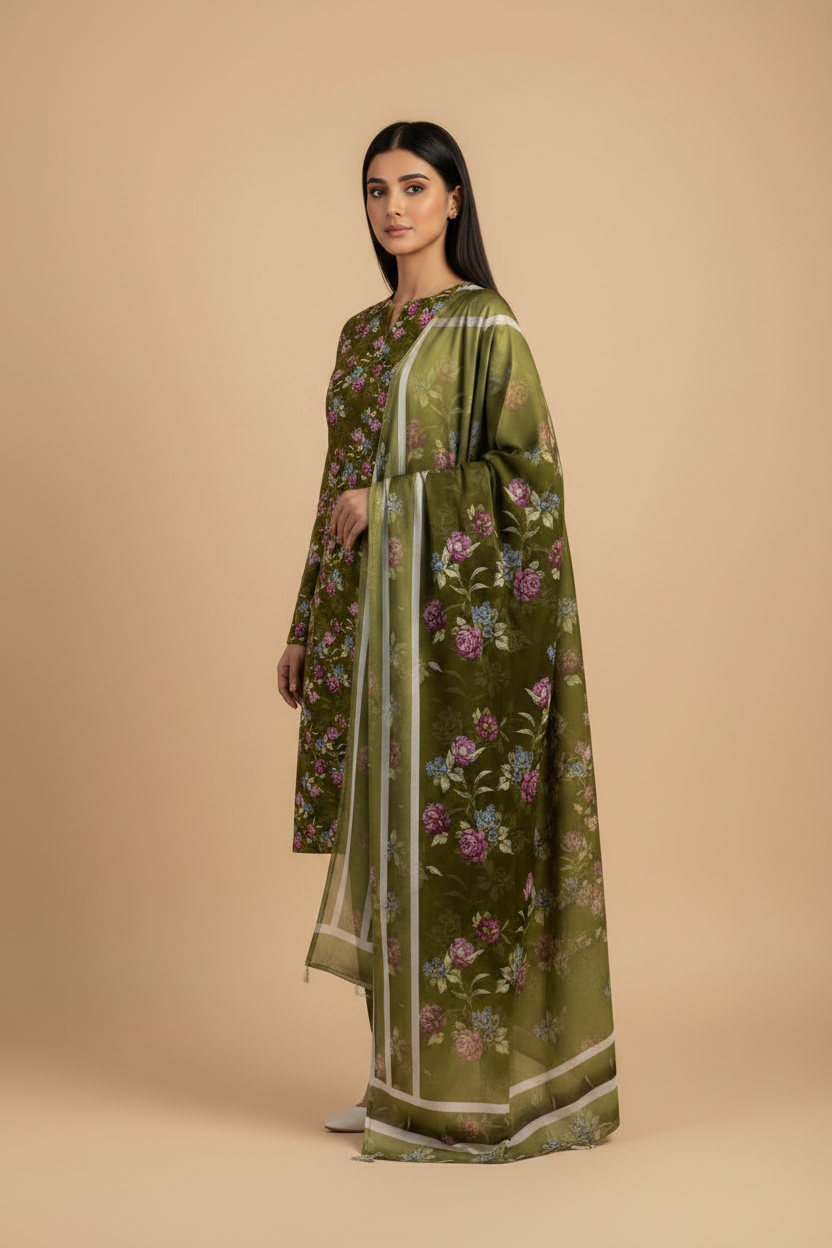 Olive green floral 3-piece Pakistani suit in a three-quarter pose