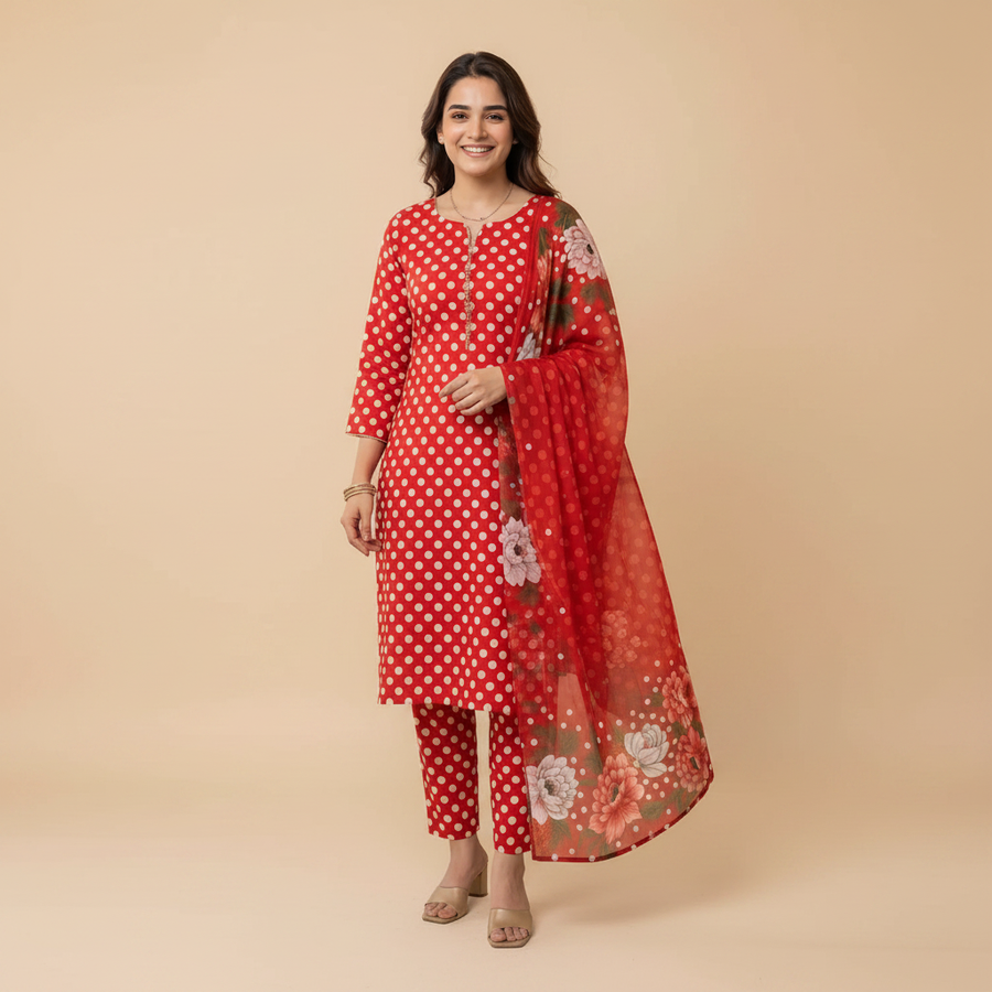 Red polka dot suit - hand on hip pose