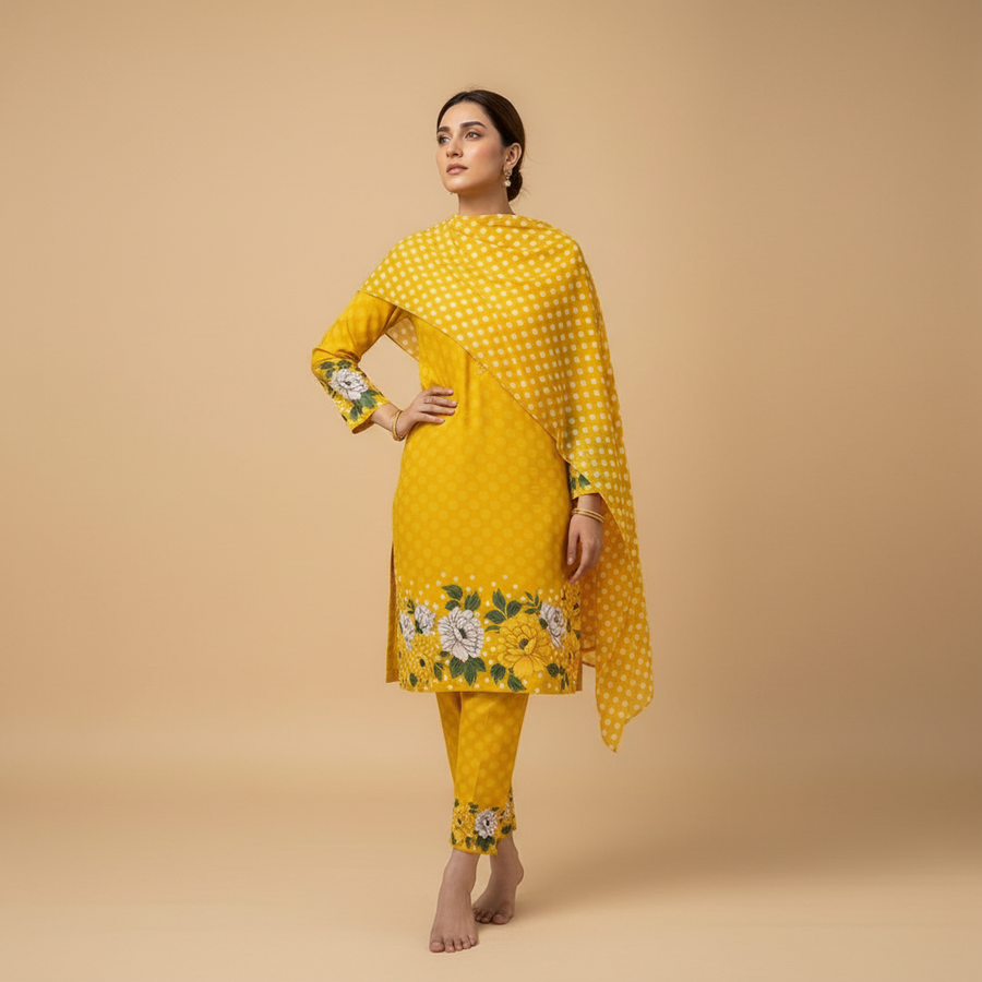 Yellow polka dot suit - hand on hip pose