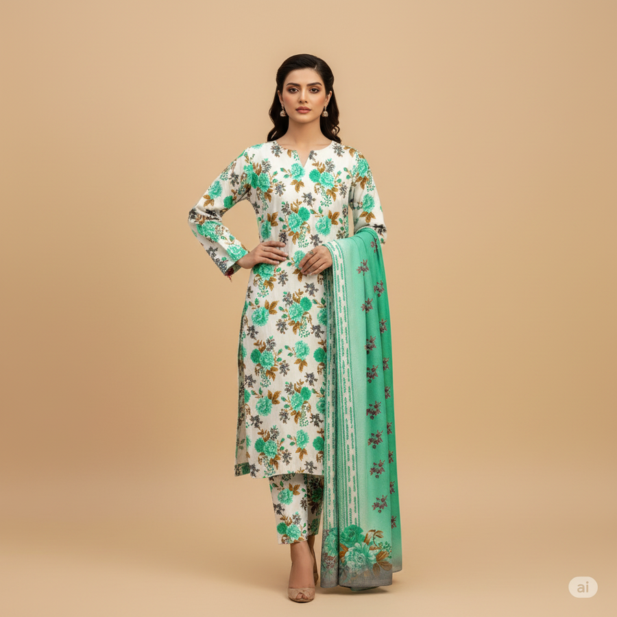 Mint green floral suit - hand on hip pose