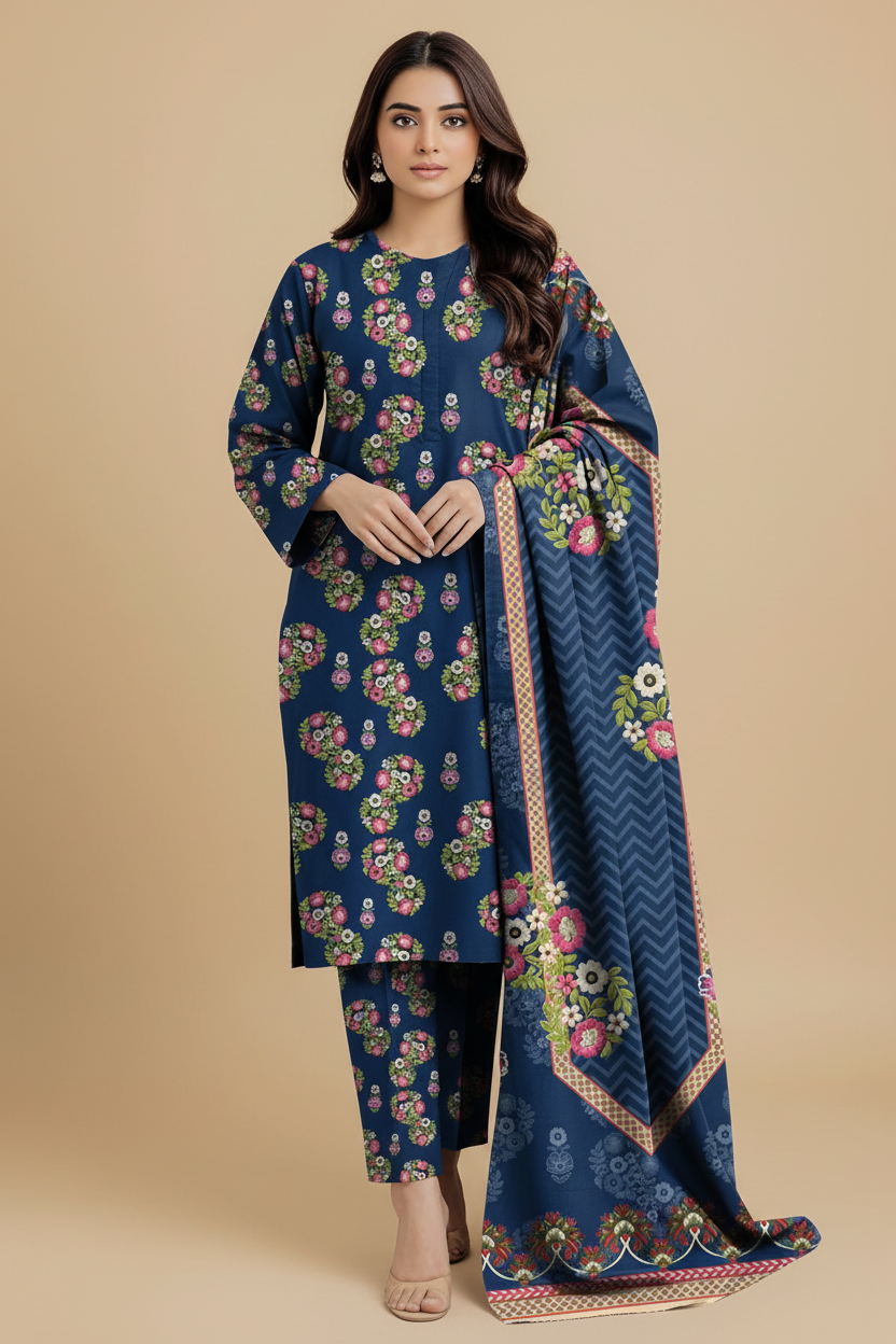 Front view of navy blue floral Pakistani three-piece suit