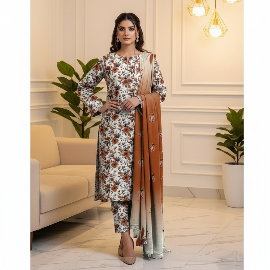White brown floral suit - hand on hip pose