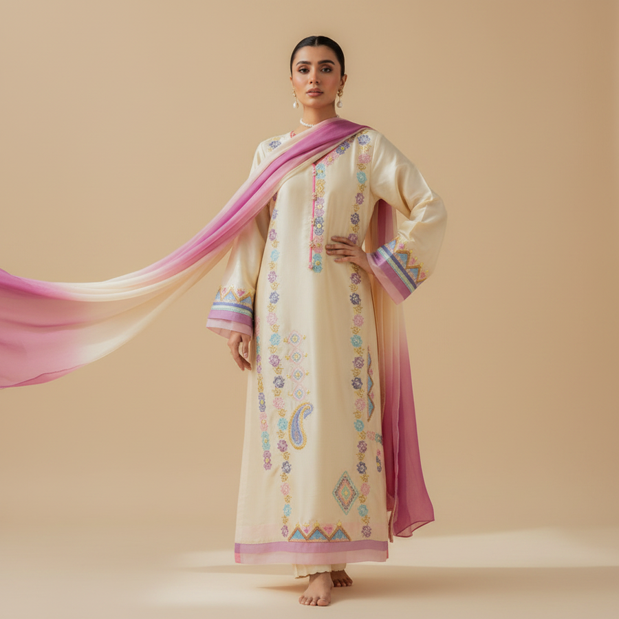 Cream maxi suit - hand on hip pose