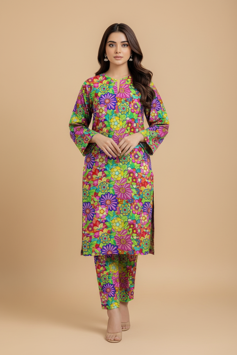 Front view of vibrant multicolor floral Pakistani three-piece suit