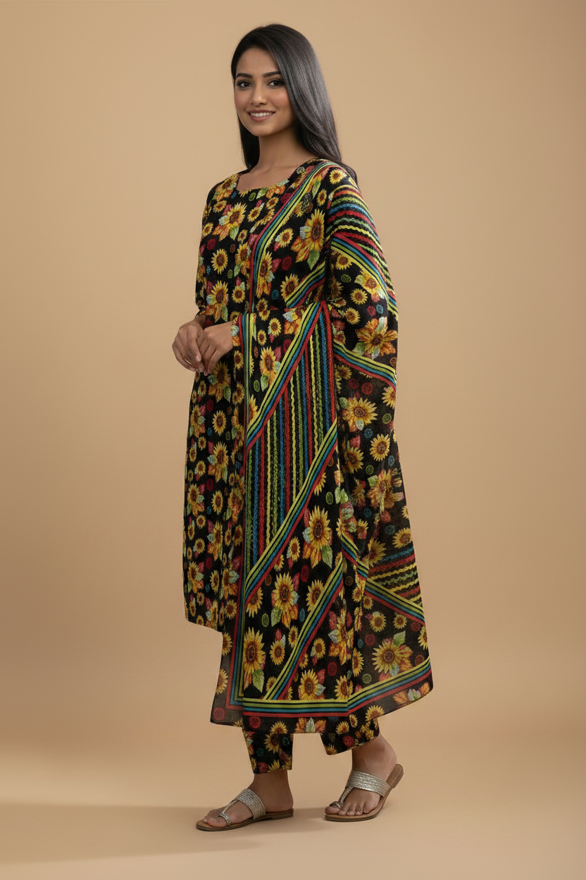 Black sunflower floral 3-piece Pakistani suit in a three-quarter pose